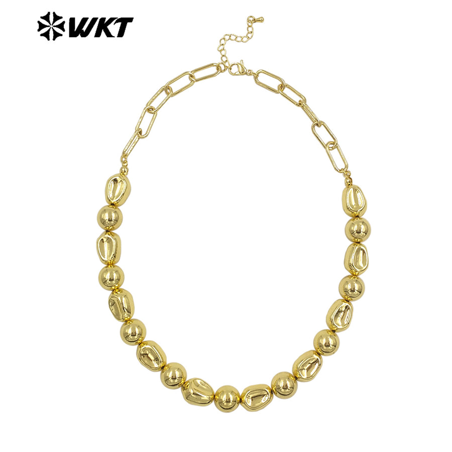 WT-JFN30 Wholesale Customization Simple 18K Gold Plated Natural Brass Round and Flat Bead Women Chain Necklace As Special Gift