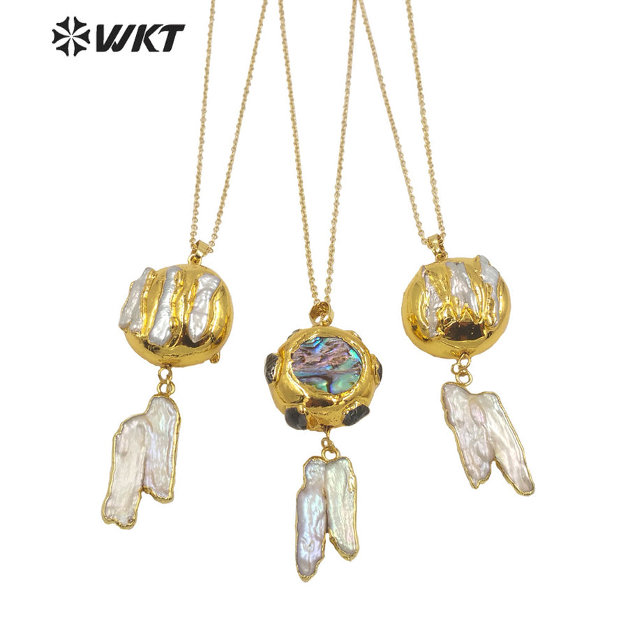 WT-JN149 Wholesale Fashion 18k Real Gold Plated Natural Freshwater Pearl Charm Necklace with Link Chain Lady Wedding Necklace