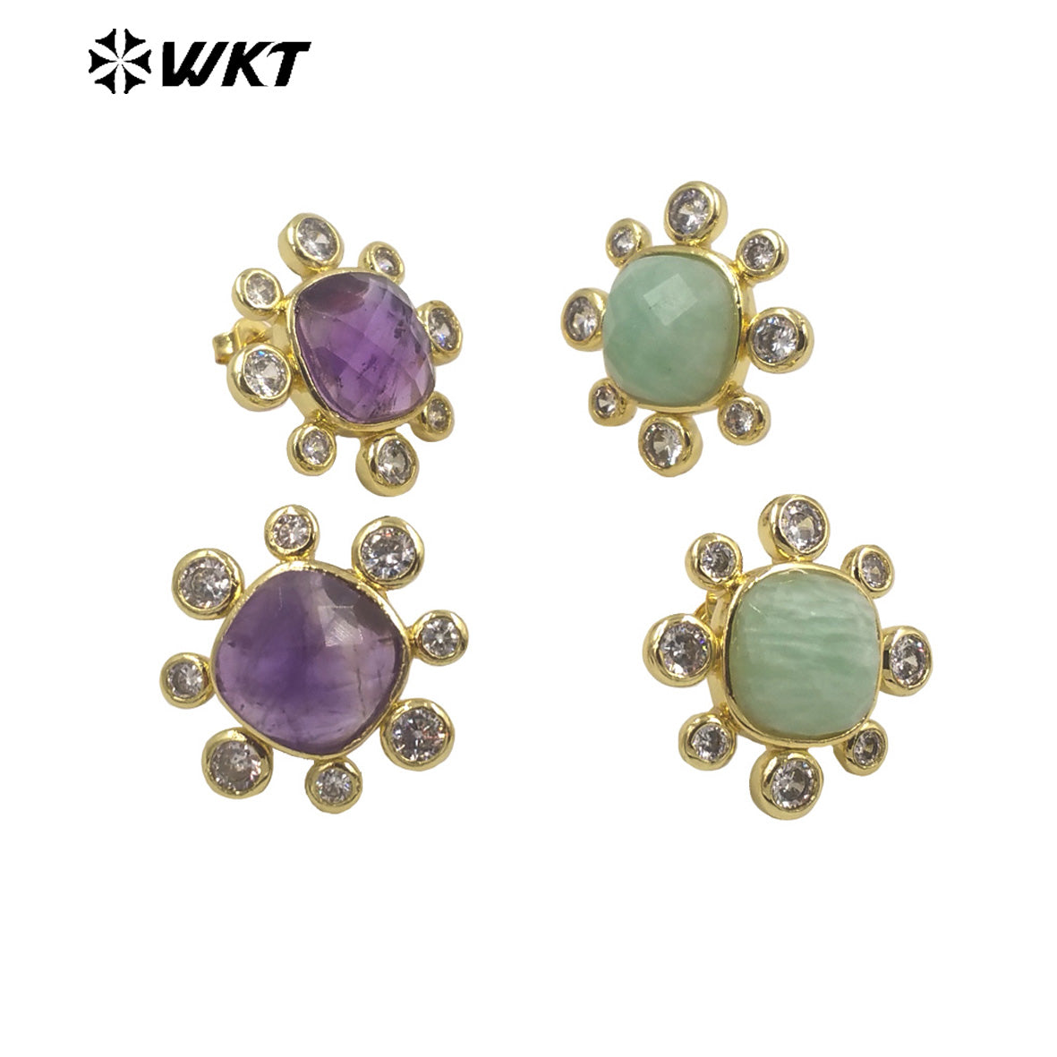 WT-ME091 Wholesale Newest Fashion square Gemstone with clear Cubic Zircon Around Setting Earrings Studs Gold Birthday Earring