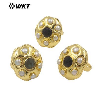 WT-MPR115 High Quality Unisex 18K Gold Plated Six Pearl and Natural Black Stone Round Shape Ring Exquisite Jewelry Accessories