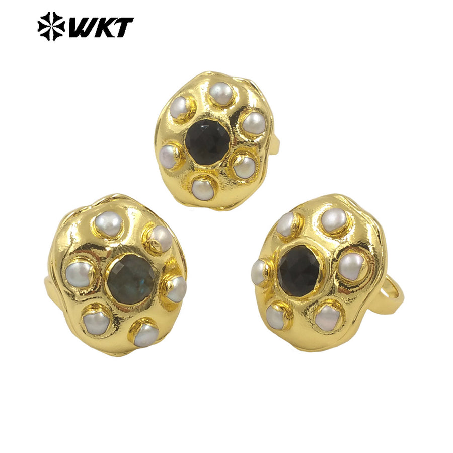 WT-MPR115 High Quality Unisex 18K Gold Plated Six Pearl and Natural Black Stone Round Shape Ring Exquisite Jewelry Accessories