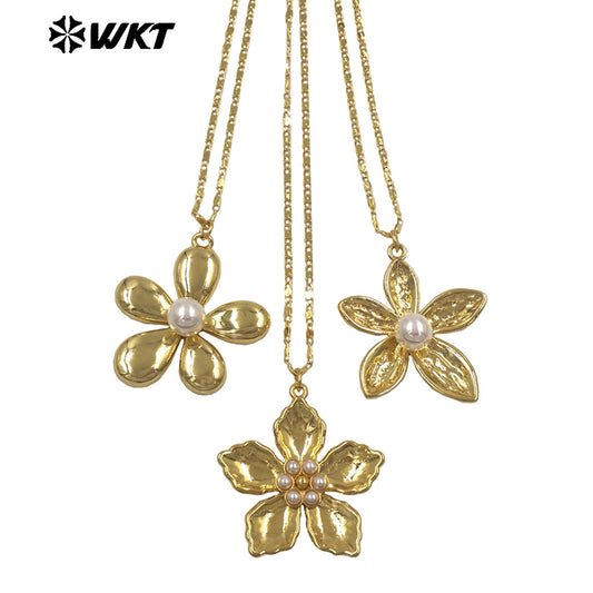WT-N1516 Wholesale Trendy Metal Thin Chain With Gold Plated Brass And Artifical Pearl Flowers Pendant Necklace As Lady Matching
