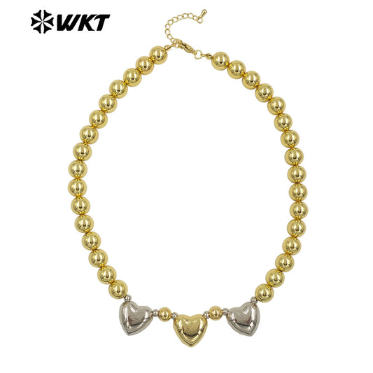 WT-JFN27 Wholesale New 18K Gold Plated Natural Yellow Brass Round Beads Love Shaped Women Fashion Necklace Jewelry Finished