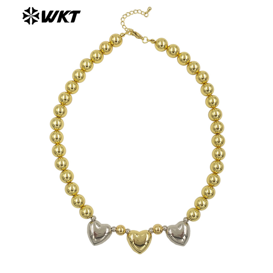 WT-JFN27 Wholesale New 18K Gold Plated Natural Yellow Brass Round Beads Love Shaped Women Fashion Necklace Jewelry Finished