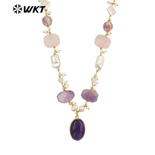 WT-JN240 Wholesale Newest Stone and Pearl Design 18k Chain Gold Plated Exquisite High Quality Scallop Necklace