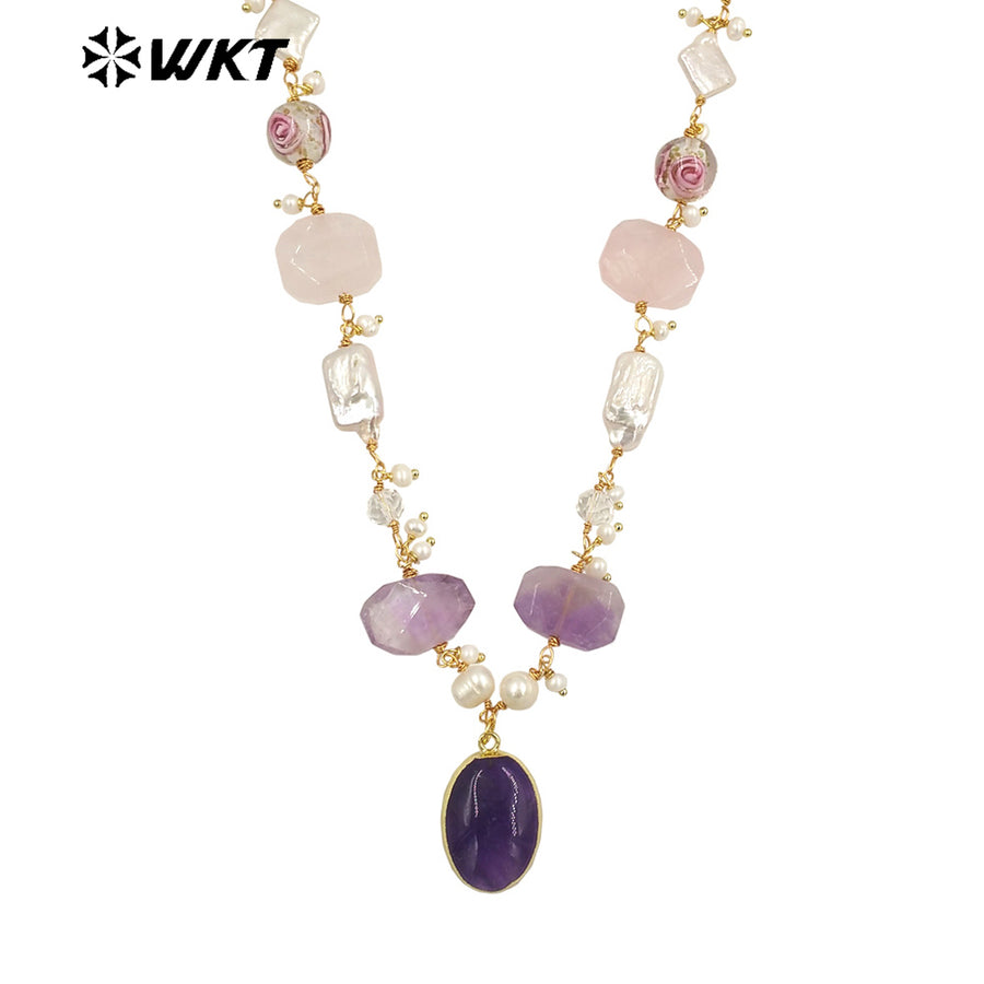 WT-JN240 Wholesale Newest Stone and Pearl Design 18k Chain Gold Plated Exquisite High Quality Scallop Necklace