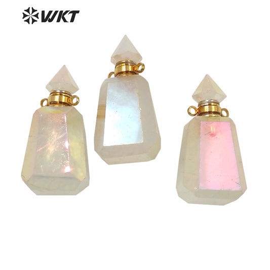 WT-P1616 WKT Newest Natural Crystal Quart Aura Angel Perfume Bottle Fashion Gold Exclusive Design Aura Spirit Bottle Pendant