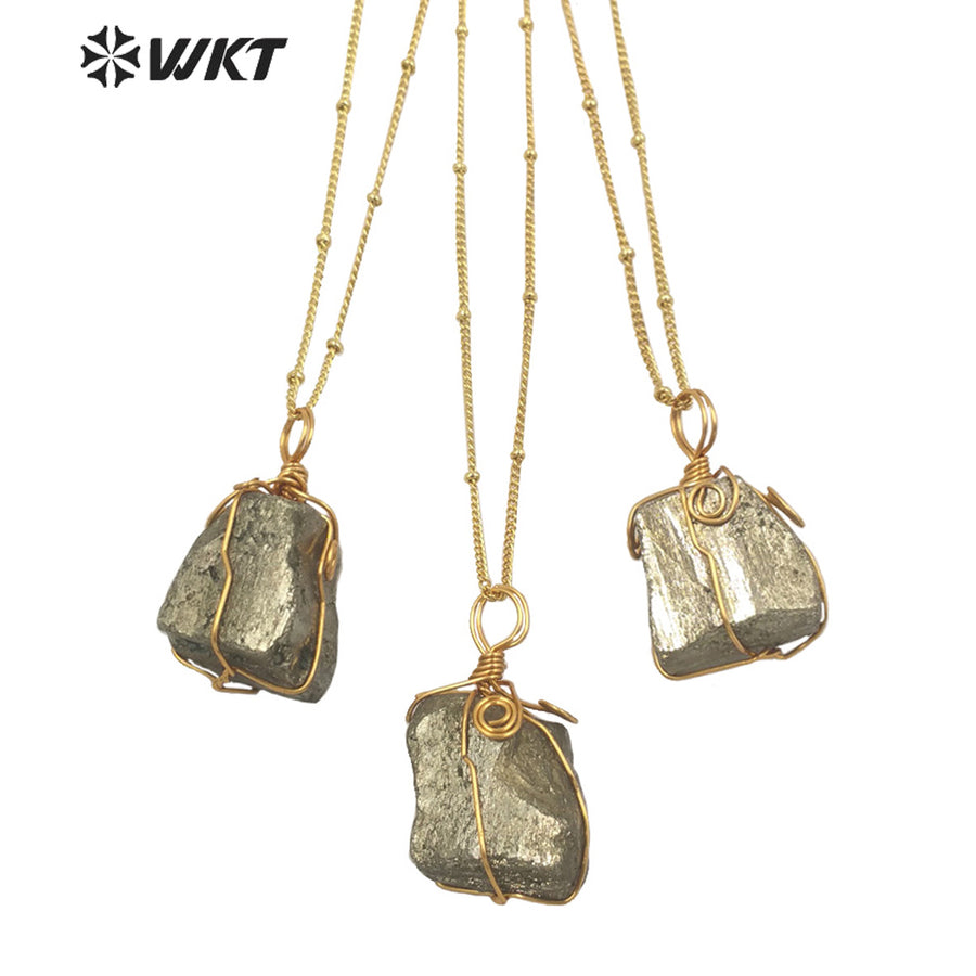 WT-N1345 WKT Newest Natural Jewelry Pyrite Necklace and Brass Wire Wrapped Pendant Women Special Jewelry Necklace Gift