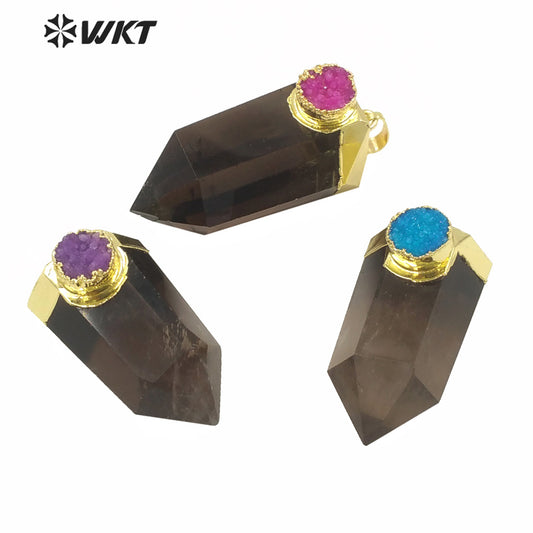 WT-P1607 Fashion Jewelry Gold Top Natural High Polish Smoky Quartz Point Pendant with Druzy Charm Women Popular Stone Spirit