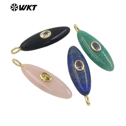 WT-P2053 Popular Style Zircon Gold Plated Natural Gemstones Long Oval Shape Pendants For Women Necklace Making Findings