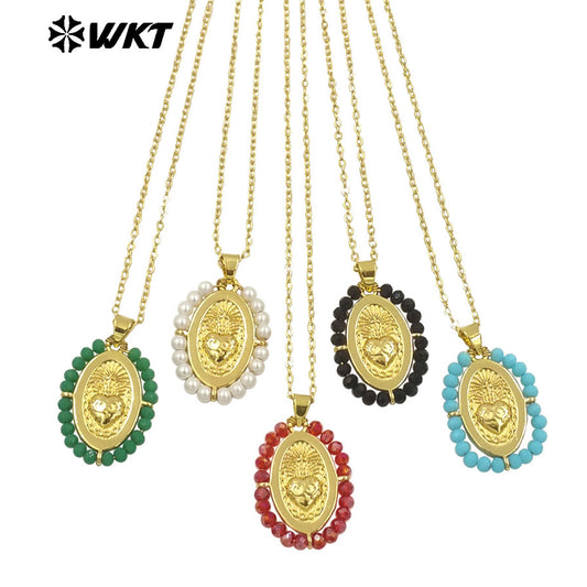 WT-MN993 New Spring Design 2024 Oval Shape Sant Heart Religious Gold Medal Necklace Women Jewelry