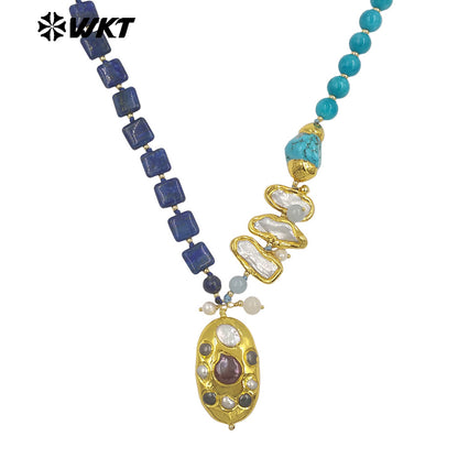 WT-JN359 Wonderful Trendy Natural Gemstones And Pearls Splicing With Gold Plated Big Pendant Necklace For Women Unique Jewelry