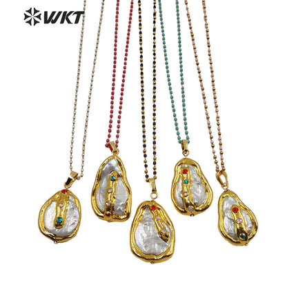 WT-MN965 Gold Plated Freshwater Pearl With CZ Charm Necklace Fashion Lady Jewelry Natural Pearl Necklace