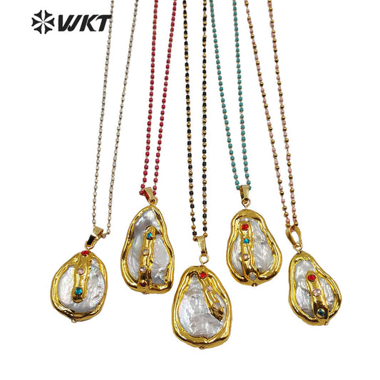 WT-MN965 Gold Plated Freshwater Pearl With CZ Charm Necklace Fashion Lady Jewelry Natural Pearl Necklace