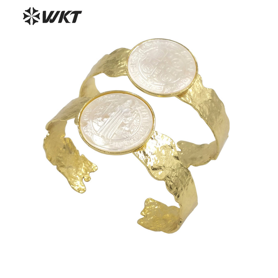 WT-MPB083 WKT New Religious Mother of Pearl St. Benedict Bangle Christian Virgin Mary Bangle Women Adjustable Shell Bangle