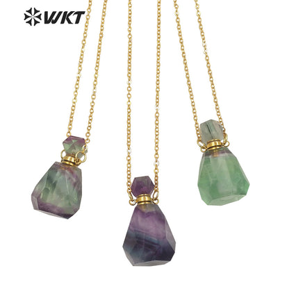 WT-N1312 Wholesale Fashion Gold Stainless Steel Handmade Cab Chon Natural Raw Fluorite Stone Perfume Bottle Necklace for Women