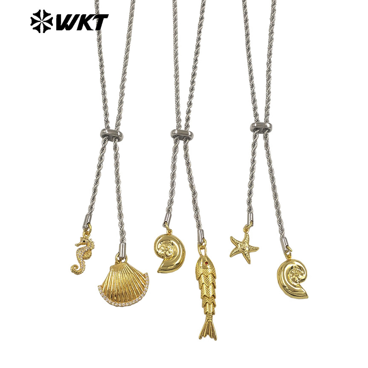 WT-JFN54 Lovely Double Gold Plated Brass And Zircon Shell Fish Charms With Silver Chain Necklace As Women Birthday Gift