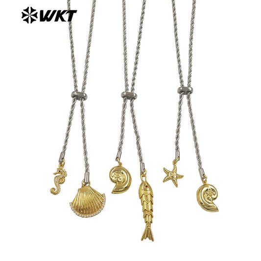 WT-JFN54 Lovely Double Gold Plated Brass And Zircon Shell Fish Charms With Silver Chain Necklace As Women Birthday Gift