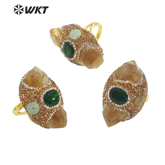 WT-R436 Wholesale Fashion Gold Natural Stone Cigar Ring Handmade Rhinestone Pave Yellow Citrine Lucky Energy Jade Stone Ring