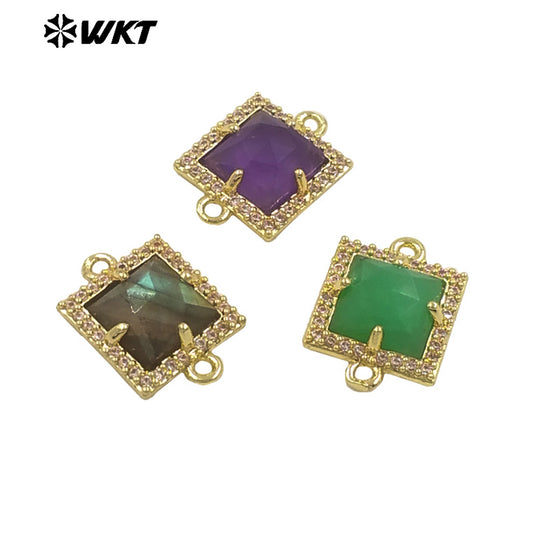 WT-P1993 Classic Wholesale Square Natural Labradorite Amethyst Gemstone Connector Pendant DIY Crafts CZ Accessory Charms