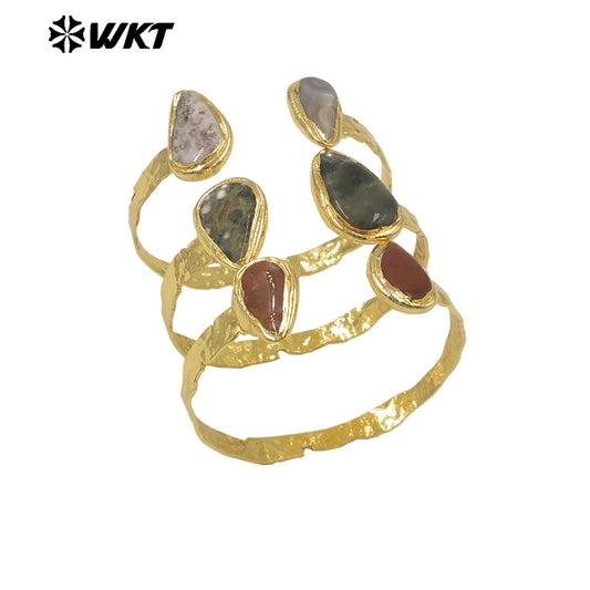 WT-B695 Wholesale Natural Double Ocean Jasper Irregular Stone Design Cuff Bangle for Man or Women Retro Daily Decorative