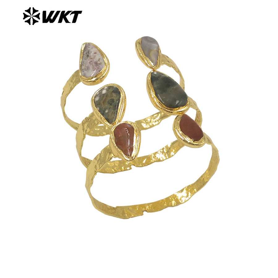 WT-B695 Wholesale Natural Double Ocean Jasper Irregular Stone Design Cuff Bangle for Man or Women Retro Daily Decorative