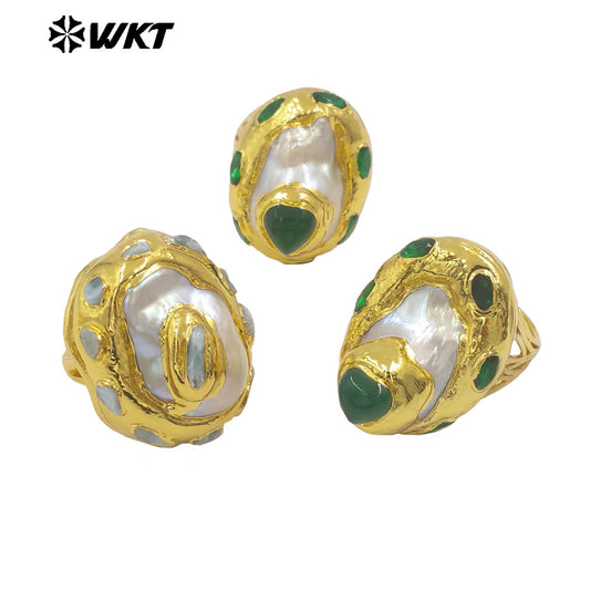 WT-MPR141 Wonderful Small Natural Green Jade And Larimar Stone With Pearl Gold Plated Rings For Women Boutique Jewelry