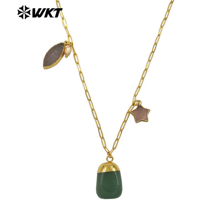 WT-N1489 Unique Design Natural Gemstones Necklace Gold Plated Chain With Three Stone Charms for Ladies Fashion Jewelry Gift