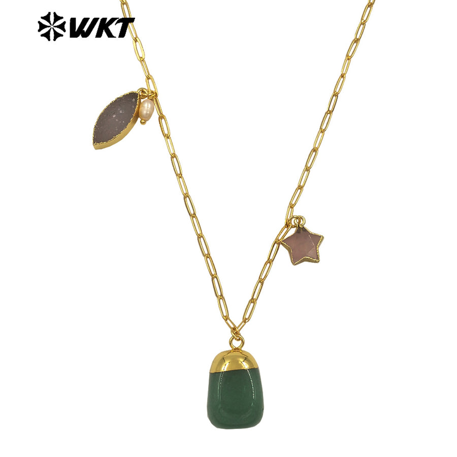 WT-N1489 Unique Design Natural Gemstones Necklace Gold Plated Chain With Three Stone Charms for Ladies Fashion Jewelry Gift