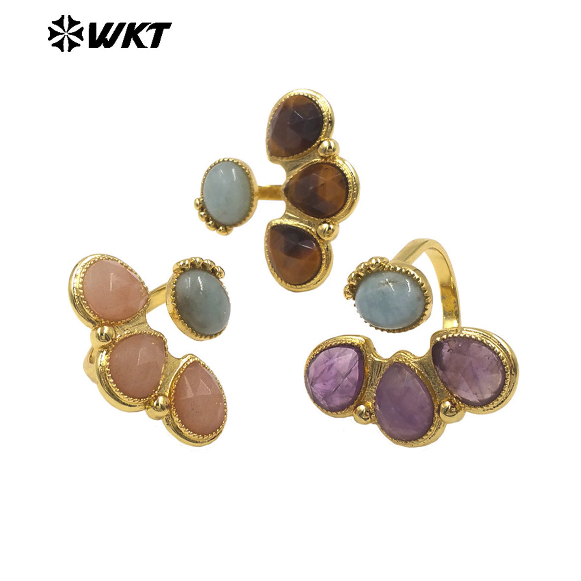 WT-R607 Wonerful Exclusive Design 18K Gold Plated Four Natural Gemstones Rings Adjustable Size For Lady Fashion Jewelry