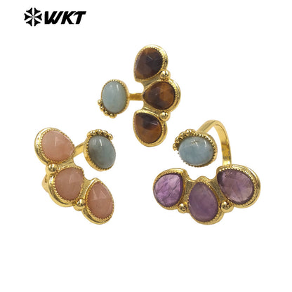 WT-R607 Wonerful Exclusive Design 18K Gold Plated Four Natural Gemstones Rings Adjustable Size For Lady Fashion Jewelry