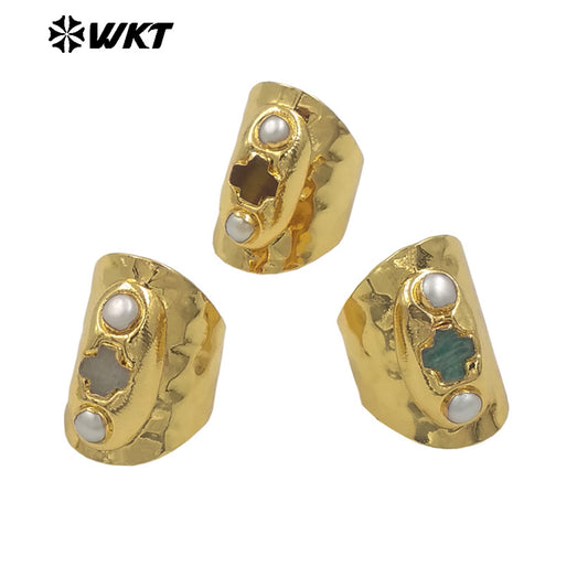 WT-MPR130 New Arrival 18K Gold Plated Religious Ring Jewelry With Double Pearls and Cross Shape Stone Adjustable Size for Party