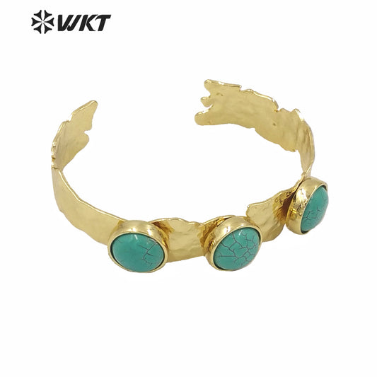 WT-B563 Wholesale WKT New Triple Stone Cuff Bangle Women Fashion Gold Electroplated Nontarnishable Lava Stone Turquoise Bangle
