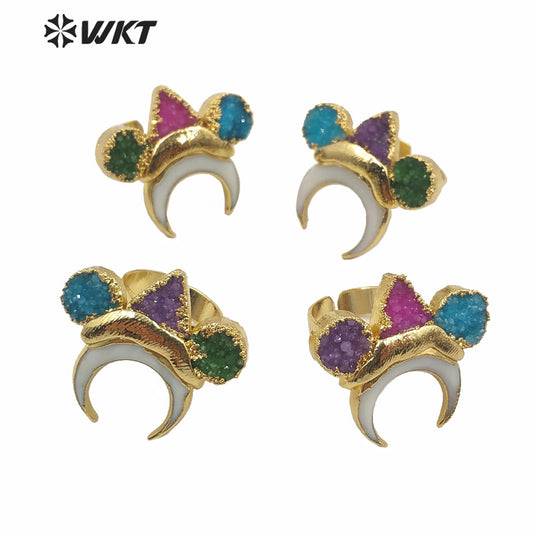 WT-MPR004 Amazing Unique Natural Druzy Stone Crescent Moon Ring High Quality Gold Electroplated Triple Stone Druzy Ring