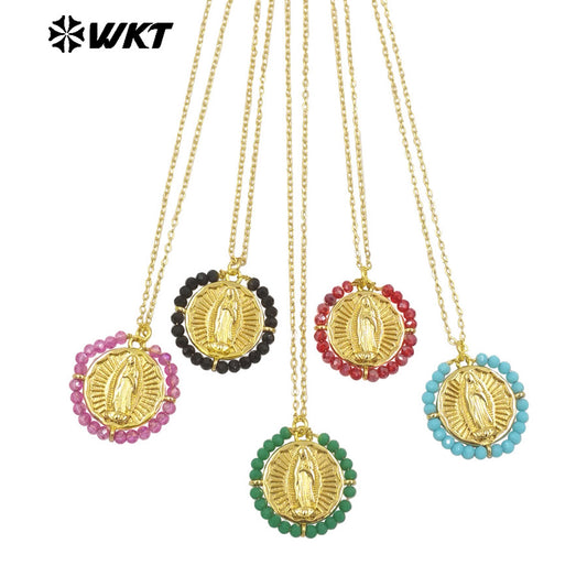 WT-MN986 Amazing New Hand Made Design Wire Wrapped Beads Decorate Big Round Religious Virgin of Guadalupe Necklace