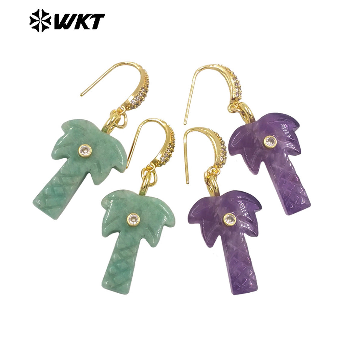 WT-E814 Beautiful Various Natural Gemstones Coconut Tree Shape Gold Pendant Earrings For Girls Summer Matching Jewelry