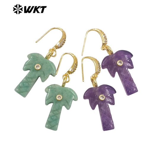 WT-E814 Beautiful Various Natural Gemstones Coconut Tree Shape Gold Pendant Earrings For Girls Summer Matching Jewelry