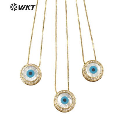 WT-MN970 Fashion 18k Real Gold Plated Micro Pave Cubic Zircon Natural Round Shell Eye Pendants Necklace Charming Eye Necklace