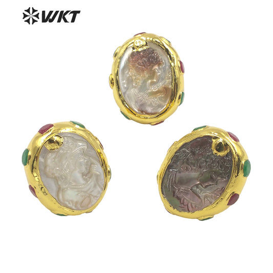 WT-MPR031 Classic Charming Ring Round Pearl Carved Colorful Zircon Set Vintage Ring Fashion 18k Gold Plated Pearl Ring