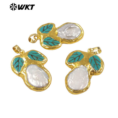 WT-JP499 Exclusive Unique Design 18K Gold Plated Natural Turquoise And Pearl Leaf Shape Pendant For DIY Necklace Findings