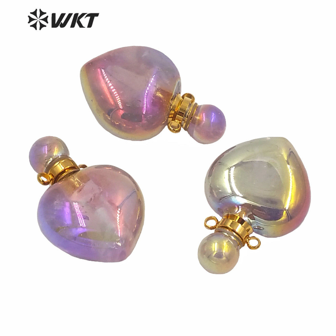 WT-P1596 WKT Design Hot Natural Gold Aura Light Purple Stone Perfume Bottle Pendant Women Popular Heart Amethyst Stone Pendant