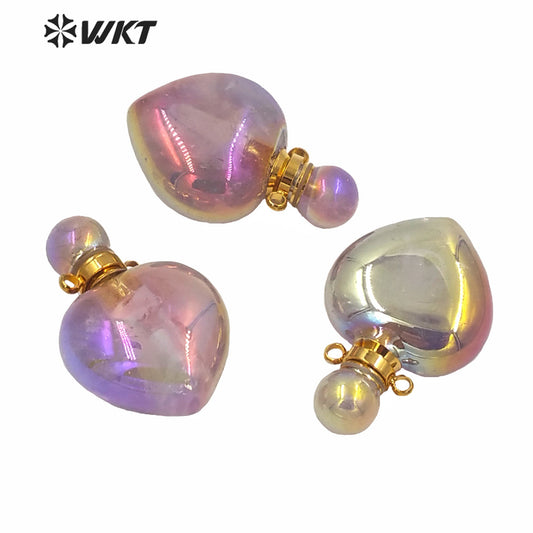 WT-P1596 WKT Design Hot Natural Gold Aura Light Purple Stone Perfume Bottle Pendant Women Popular Heart Amethyst Stone Pendant