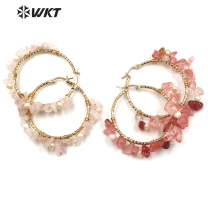 WT-E608 Exclusive Design INS Style Gravel Stone Pearl Earring Pink Color Women Fashion Gravel Stone Earring
