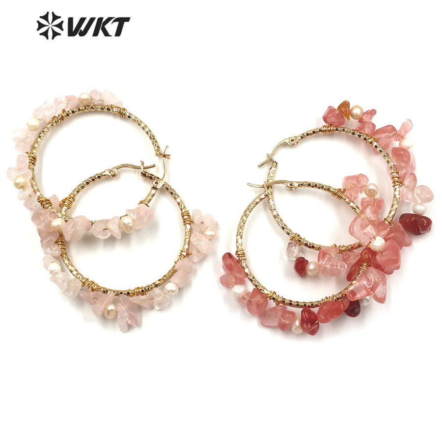 WT-E608 Exclusive Design INS Style Gravel Stone Pearl Earring Pink Color Women Fashion Gravel Stone Earring