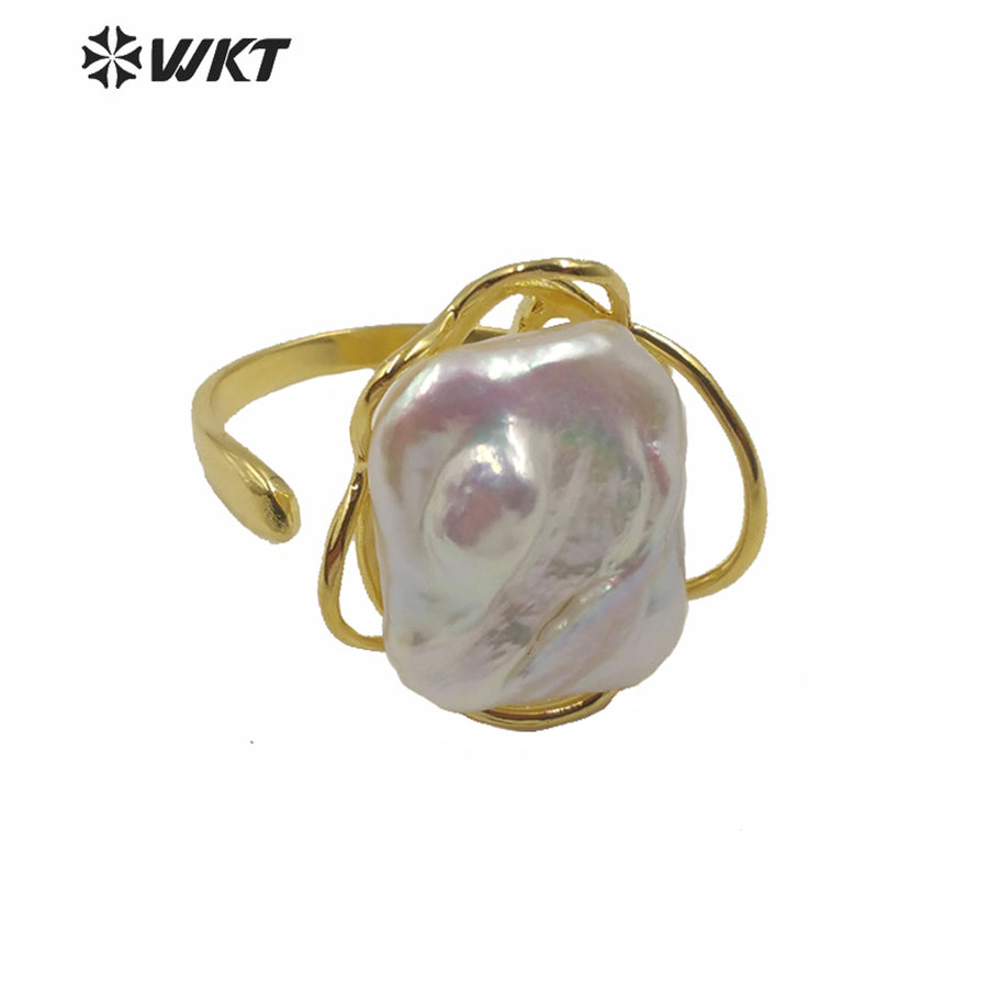 WT-R354 Wholesale Fashion Gold Plated Bezel Setting Square Pearl Ring Women Fashion Bride Wedding Pearl Ring