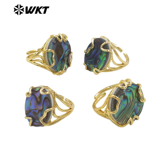 WT-MPR124 Women 18K Gold Plated Clawing Setting With Natural Round and Oval Abalone Shell Ring in Adjustable Size