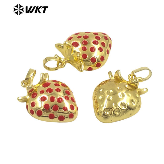 WT-JFE149 Fruit Series Strawberry Pendant Yellow Brass With Drop Oil Full Gold Plated for Jewelry Making Accessories Wholesale
