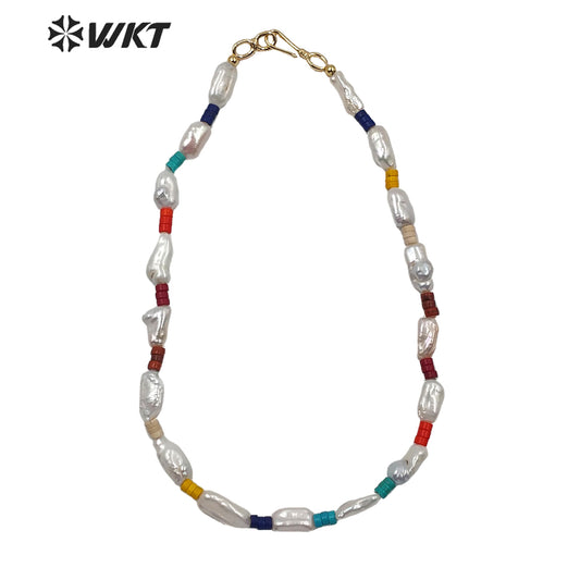 WT-JN113 Exclusive Design Baroque Pearl and Turquoise Beads Necklace 16" Baroque Pearl Beads Necklace Turquoise Beads Necklace