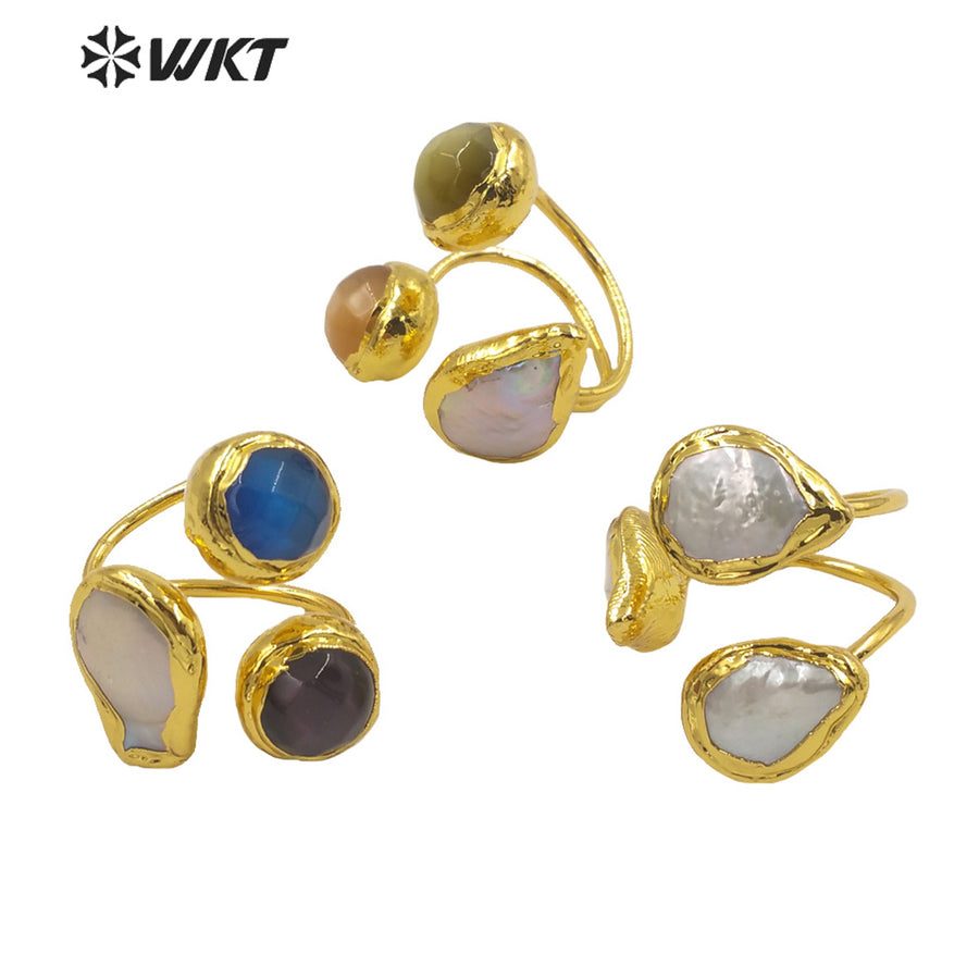 WT-R372 Newest Triple Stone Pearl Women Ring Gold Electroplated Stone Ring Fashion Adjustable Cat Eye Stone Anneversary Ring
