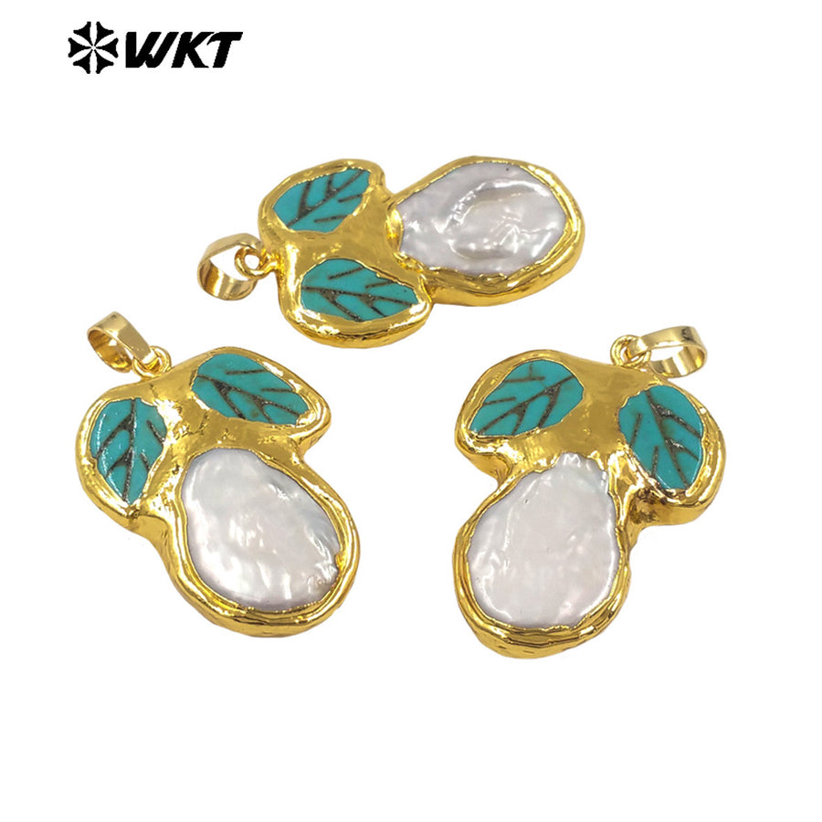 WT-JP499 Exclusive Unique Design 18K Gold Plated Natural Turquoise And Pearl Leaf Shape Pendant For DIY Necklace Findings